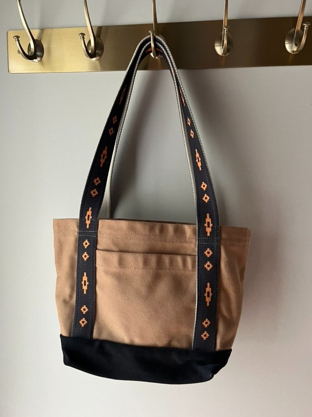 Thomas Bates Canvas Tote Bag Small Tan Black Woven Straps Made in USA